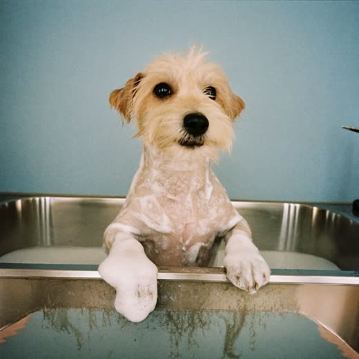 A small dog being bathed in a grooming tub