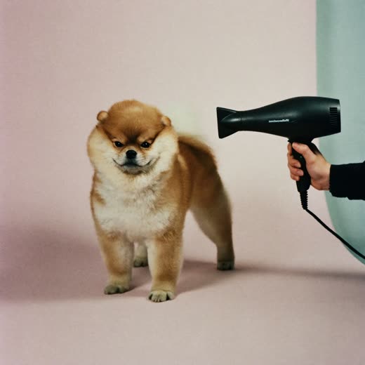 A small dog having its coat blow-dried