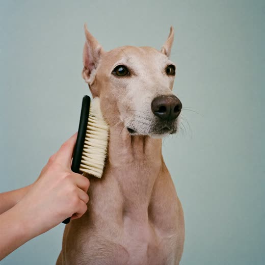 A dog being brushed with a de-shedding tool